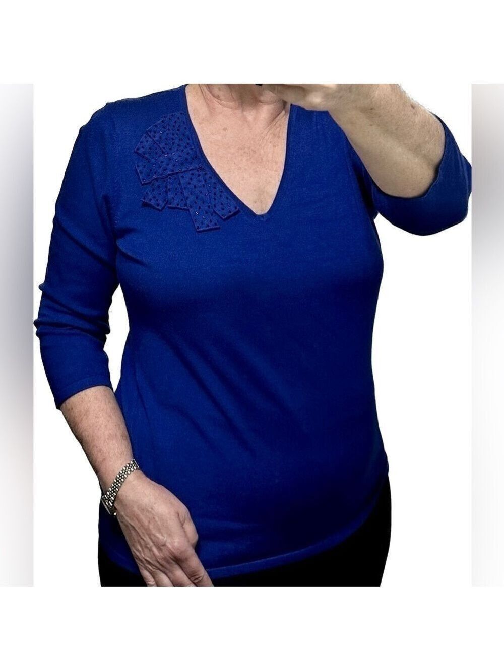 Blue Scooped V neck 3/4 Sleeve Sweater Beaded appliqué type design front left